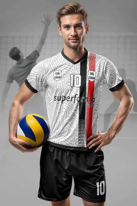 Beyaz Siyah Kırmızı Şerit Erkek Voleybol Forması